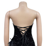 Solid Color Backless Sequin Feather Dress BY-6713