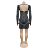 Solid Mesh Hot Drill Long Sleeve Mini Dress BY-6706