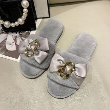 Warm Bowknot Metal Chain Flat Heel Open Slippers ZFLX-FL-70