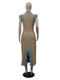 Fashion Denim Patchwork Slit Deep V Maxi Dress MEM-88524