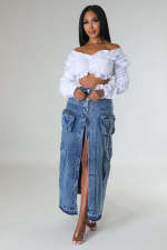 Fashion Denim High Waist Split Long Skirt LX-6011