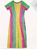 Stripe Color Blocking Mesh Slit Midi Dress SH-P390520