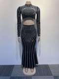 Long Sleeve Hot Drill Tight Tops And Fishtail Skirt 2 Piece Set NY-2856
