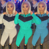 Long Sleeve Color Block Hooded Two Piece Pants Set YIM-0014