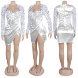 Plus Size Long Sleeve Sequin Split Mini Dress NY-2851