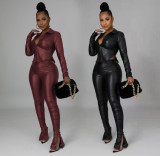 Long Sleeve Tie Up Tops And Pant PU Leather 2 Piece Set LP-90125
