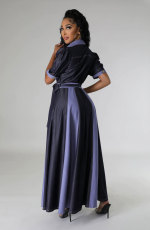 Contrast Color Short Sleeve Maxi Dress(With Waist Belt) XHXF-955