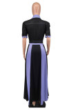 Contrast Color Short Sleeve Maxi Dress(With Waist Belt) XHXF-955