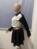 Fashion Lapel Neck Contrast Color Stripe Two Piece Skirts Set YSYF-7664