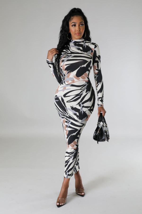 Fashion Print Long Sleeve Slim Maxi Dress FENF-287