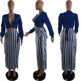 V Neck Long Sleeve Tops And Stripe Tassel Skirt 2 Piece Set LP-66899