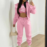 Padded Letter Print Hooded Sweatshirt Sport Three Piece Pants Set TK-002