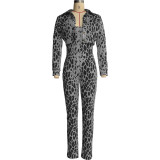 Print Long Sleeve Coat And Sling Jumpsuit Two Piece Set MXDF-6131