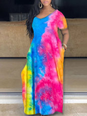 Plus Size Tie Dye Print Short Sleeve Maxi Dress HNIF-026