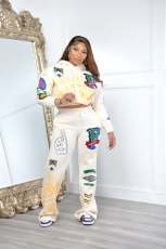 Casual Print Hooded Sweatshirt And Pants Two Piece Set JH-345