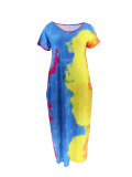 Plus Size Tie Dye Print Short Sleeve Maxi Dress HNIF-026