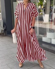Plus Size Stripe Cardigan Short Sleeve Split Shirt Dress GOFY-W2865