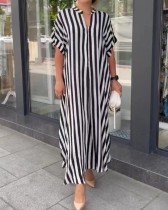 Plus Size Stripe Cardigan Short Sleeve Split Shirt Dress GOFY-W2865