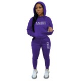 Plus Size Padded thickened Hooded Sweatshirt Pants Print Two Piece Set XMF-317
