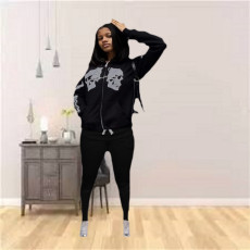 Halloween Skull Print Sweatshirt Fleece Zipper Jacket Two Piece Set APLF-2030