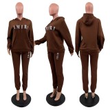 Plus Size Padded thickened Hooded Sweatshirt Pants Print Two Piece Set XMF-317
