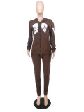 Halloween Skull Print Sweatshirt Fleece Zipper Jacket Two Piece Set APLF-2030