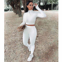 Solid Color Long Sleeve Tops Leggings Pants Two Piece Set YH-5182