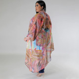 Plus Size Sleeve Round Neck Printed Chiffon Top NNWF-7942