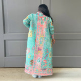 Plus Size Pleated Printed Trench Coat Long Jacket NNWF-10634