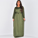 Round Neck Long Sleeve Loose Tie Satin Maxi Dress MUE-7994