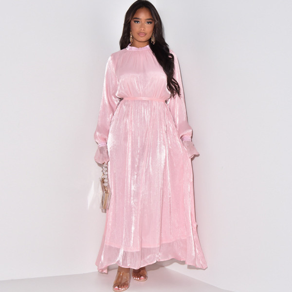 Fashion Satin Long Sleeve O Neck Maxi Dress MUE-7993