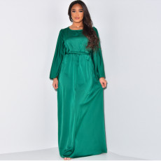 Round Neck Long Sleeve Loose Tie Satin Maxi Dress MUE-7994