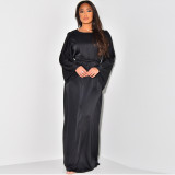 Round Neck Long Sleeve Loose Tie Satin Maxi Dress MUE-7994