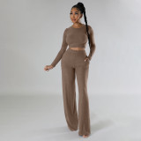 Casual Slim Solid Color Long Sleeve Pant Two Piece Set MIL-525
