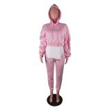 Solid Patchwork Pleated Sleeve Hoodies Two Piece Pants Set BS-1357