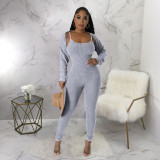 Long Sleeve Tops And Sling U Neck Tigh Jumpsuit 2 Piece Set YF-10648