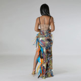 Sexy Sling Velour Patchwork Sequin Split Feather Evening Dress CYA-900826