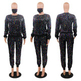 Plus Size Casual Sequin Long Sleeve Two Piece Pants Set(With Mask) BDF-7077