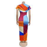 Fashion V Neck Print Split Pleated Maxi Dress BY-6660
