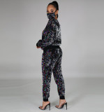 Plus Size Casual Sequin Long Sleeve Two Piece Pants Set(With Mask) BDF-7077