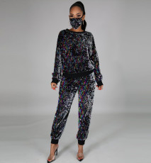 Plus Size Casual Sequin Long Sleeve Two Piece Pants Set(With Mask) BDF-7077
