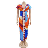 Fashion V Neck Print Split Pleated Maxi Dress BY-6660