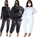 Plus Size Casual Sequin Long Sleeve Two Piece Pants Set(With Mask) BDF-7077