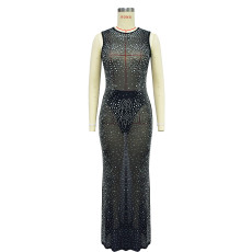 Mesh Solid Color Hot Drill Sleeveless Maxi Dress BY-6663