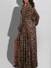 Leopard Print Split V Neck Maxi Dress HNIF-188