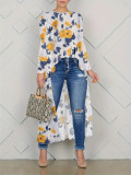 Floral Print Long Sleeve Irregular Long Tops DAI-073