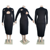 Plus Size Cross Wrap Chest Long Sleeve Maxi Dress MUKF-1011
