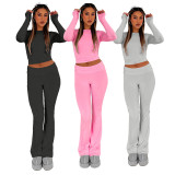 Solid Color O Neck Wide Leg Pants Loose 2 Piece Set CXLF-8162