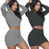 Casual Zipper Hooded And Skirt Two Piece Set MUKF-1019