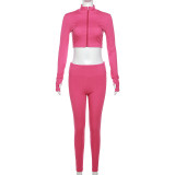 Long Sleeve Zip Tops And Pants Solid 2 Piece Set XEF-35960